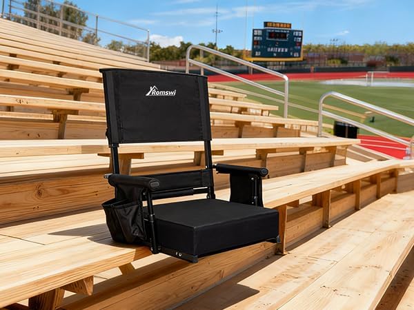 Romswi Stadium Seat with Height Adjustable High Back & Lumbar Support, 2-Pack Bleacher Chairs with 2 Height Adjustments, Armrests & Cup Holders, Comfortable & Portable, Black