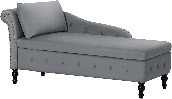 ACMEASE Upholstered Chaise Lounge with Left Armrest & Lumbar Pillow,Button Tufted Lounge Sofa with Storage,Lounge Chair Indoor,Modern Velvet Lounge Chair for Bedroom, Living Room and Office,Grey