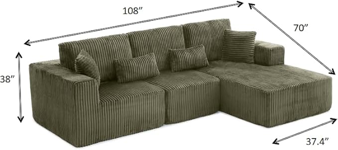 108" Boneless Cloud Sectional Couches for Living Room, Comfy Fluffy L Shaped Memory Foam Deep Seat Boneless Couch, Modular Sectional Sofa with Right Facing Chaise, Olive Green