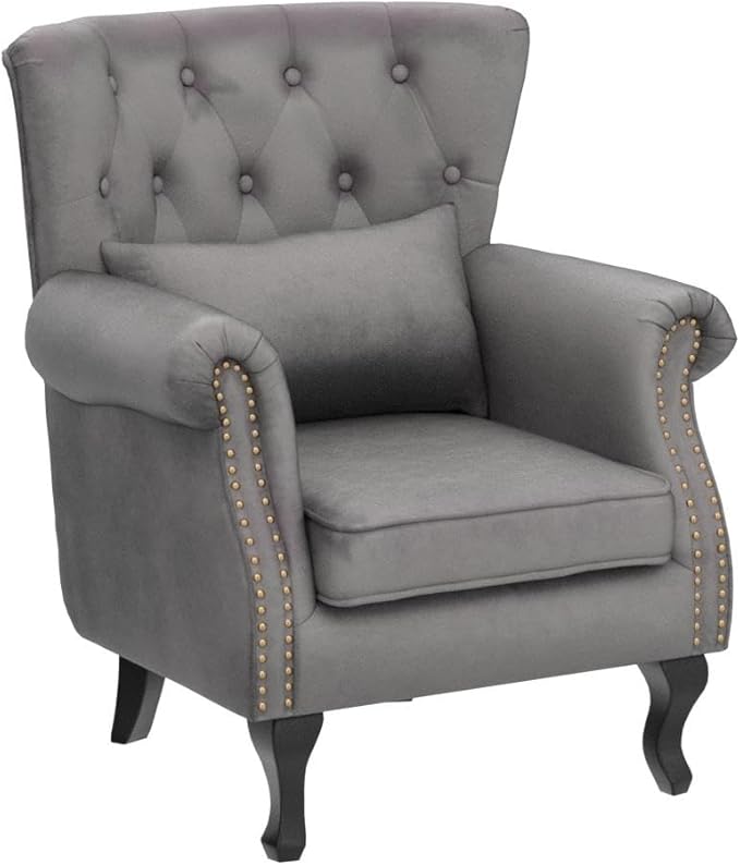 Janoray Mid Century Modern Accent Chair Upholstered Armchair Comfy Velvet Fabric Single Sofa with Tufted Wingback for Small Spaces Bedroom Living Room, Grey