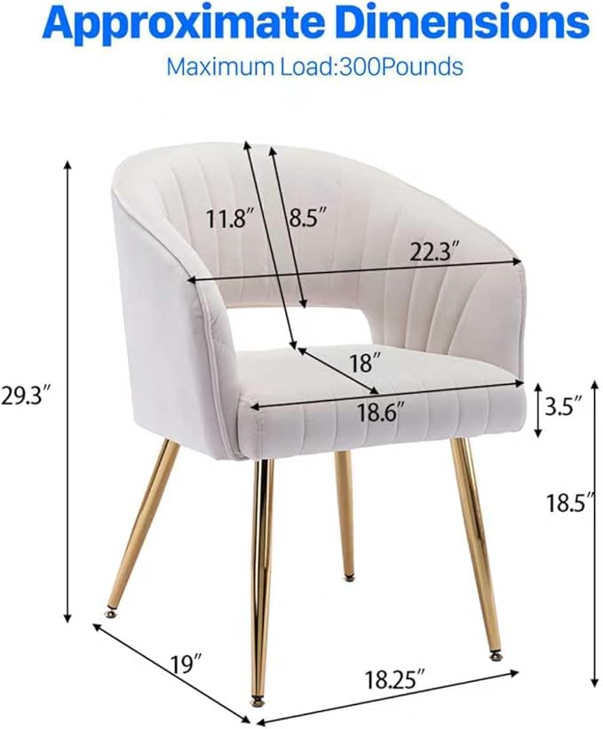 KCC Modern Accent Dining Chairs, Set of 6, Velvet Dining Chairs with Tufted Hollow Back & Gold Metal Legs for Living Room, Dining or Restaurant - Cream