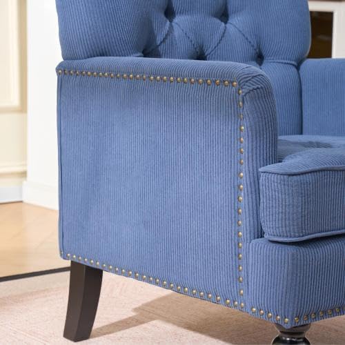 Tufted Club Chair, Accent Chair with Lumbar Pillow, Upholstered Button Armchair, Linen Fabric Sofa Chairs for Bedroom, Living Room, Mid Century Modern with Studded Reading Chair Blue