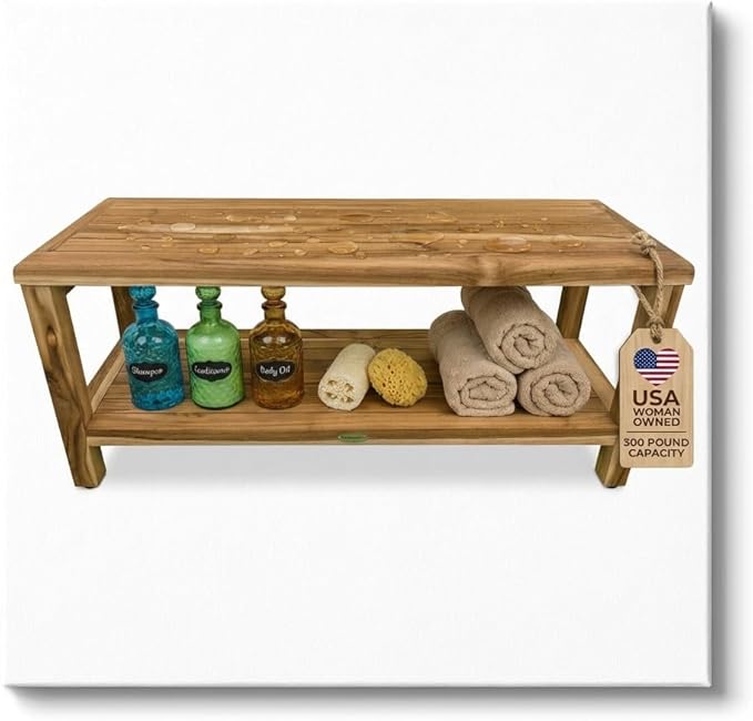 EcoDecors Eleganto 30 Inch Natural Color Waterproof Teak Wood Shower Bench Stool Seat Chair For Inside Shower Provides Safety, Storage, and Organization For Bathroom Accessories