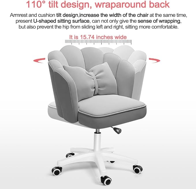 Petal Desk Chair with Bow Cushion Velvet Vanity Chair with Wheels, Upholstered Home Office Chair for Girls Women, Mid-Back Swivel Computer Task Chairs for Living Room Bedroom