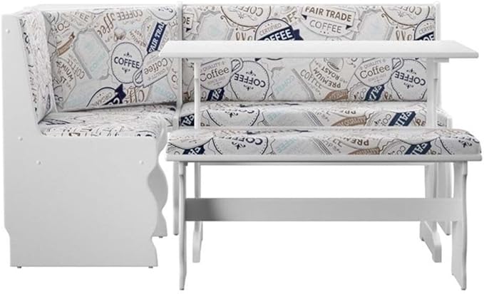 Riverbay Furniture Transitional Wood & Fabric Upholstered Corner Nook Dining Set with Table & Bench & Corner Unit, Some Assembly Required, Seats Up to 5 People, in White Finish