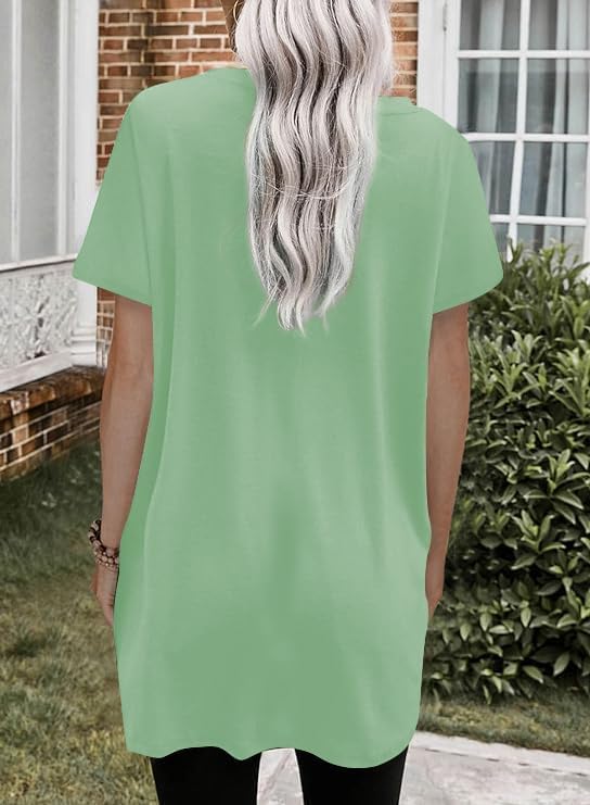 Poetsky Summer Womens Tunic Tops for Leggings with Pockets Short Sleeve Casual Long T Shirts S-3XL