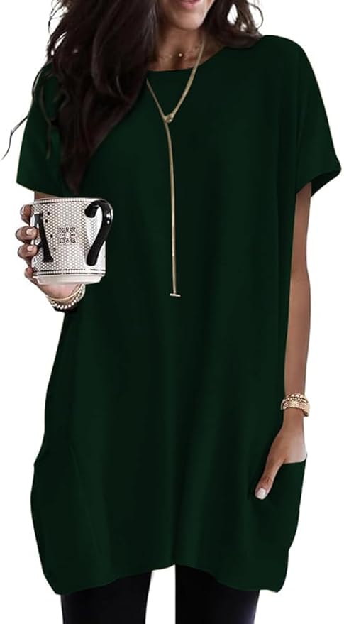 Poetsky Summer Womens Tunic Tops for Leggings with Pockets Short Sleeve Casual Long T Shirts S-3XL
