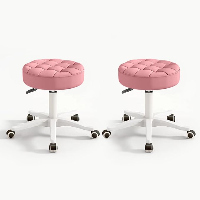 HDHNBA Small Chair Round Rolling Stool with Wheels PU Leather Height Adjustable Swivel Drafting Work SPA Salon Stools Home Office Chair,2 Pack