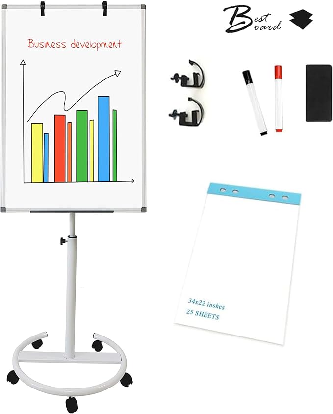BEST BOARD Mobile Dry Erase Board 36x24 Inches – Adjustable Rolling Whiteboard on Wheels, Stand Easel with Markers & Eraser, Includes 25-Sheet Paper Pad for Office, Classroom