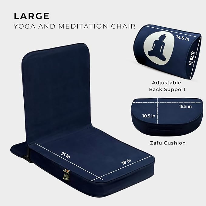 Friends Of Meditation Buddha Meditation Chair – Portable Folding Yoga Chair for Adults with Detachable Back Support & Zafu Cushion, Ergonomic Meditation Seat, Navy Blue