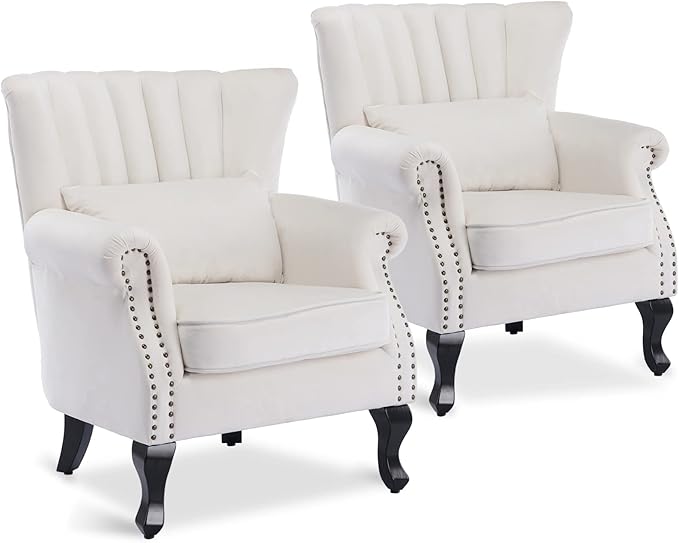 LZAREAL Accent Reading Arm Chairs Set of 2 Midcentury Modern Comfy Corner Sofa Chair, Wingback Waiting Room Club Chair with Tufted Back for Living Room/Bedroom/Reception Room, Velvet Cream
