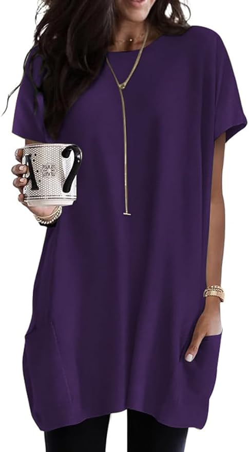 Poetsky Summer Womens Tunic Tops for Leggings with Pockets Short Sleeve Casual Long T Shirts S-3XL