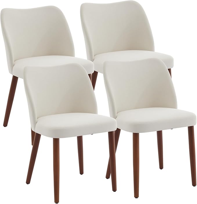 ElfinAura Dining Chair Set of 6, Linen Upholstered Dining Chair with Solid Wood Legs, Wing Backrest, Wooden Kitchen Chair, Kitchen Chairs with Thick Cushions for Dining Room, Living Room, White