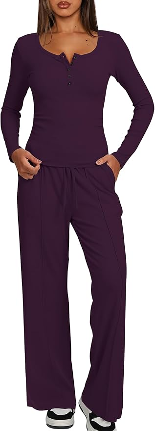Darong Womens 2 Piece Matching Lounge Sets 2026 Long Sleeve Henley Shirts Wide Leg Pants Airport Travel Outfits
