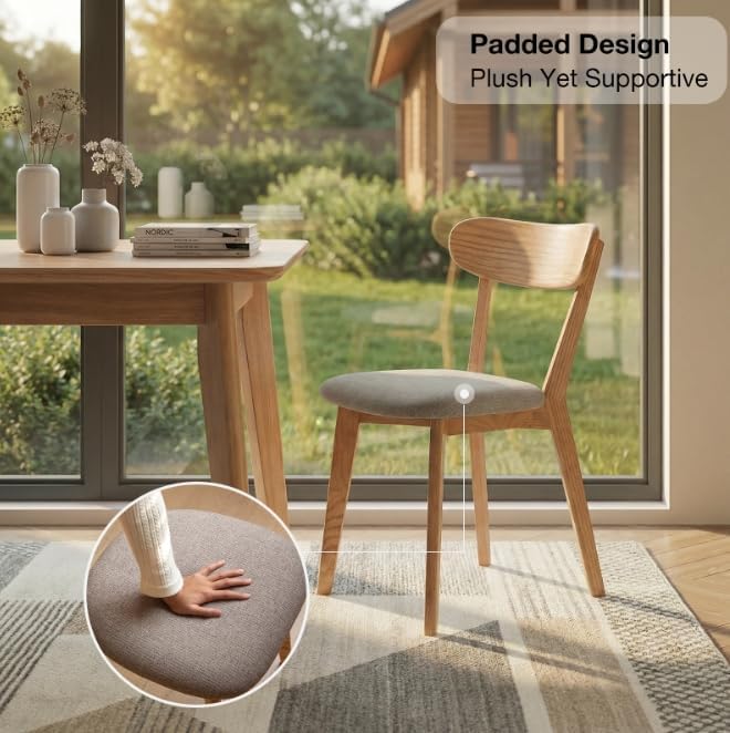 Bamskov 100% Solid Wooden Dining Chairs - Practical Kitchen Chairs with Upholstered Cushion - Wood Chairs Set of 2 for Dining Room, Kitchen (2, Natural with Grey Cushion)
