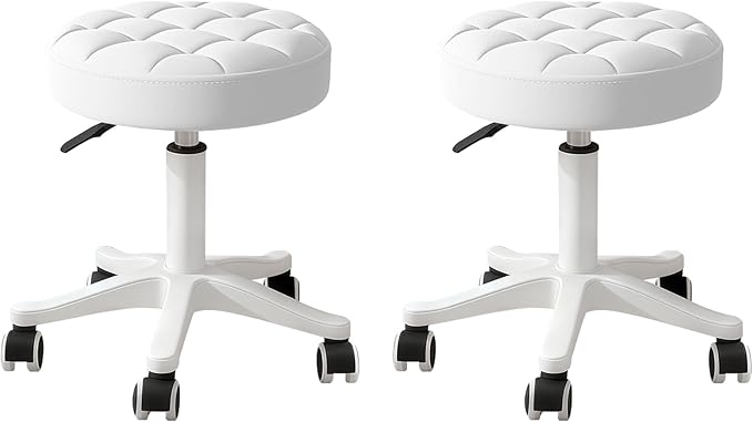 JPBSTO Small Rolling Stool with Wheels, PU Leather Height Adjustable Vanity Work Task Stool, 360 Swivel, Padded Seat Cushion,for Salon, Home, Office
