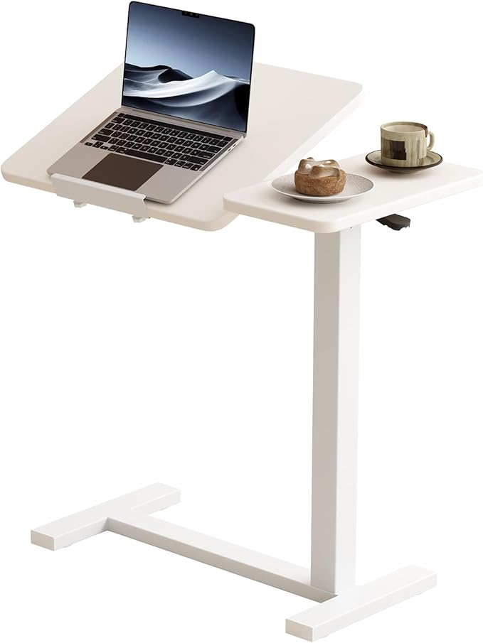 Solid Wood Overbed Bedside Table with Wheels, Tilting Adjustable Hospital Bed Table Over The Bed, Medical Mobile Laptop Stand, Rolling Standing Desk for Hospital and Home Use（White）