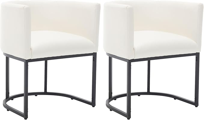 VESCASA Faux Leather Upholstered Dining Chairs with Barrel Back, Modern Padded Restaurant Chairs with Black Metal Frame for Kitchen, Dining Room, Set of 2, White