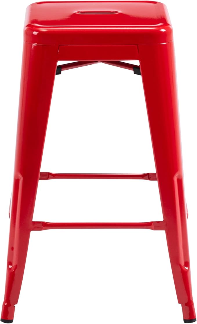 Vogue Furniture Direct 24" High Bar Stools Backless Red Metal Barstools Indoor-Outdoor Counter Height Stools with Square Seat, Set of 4
