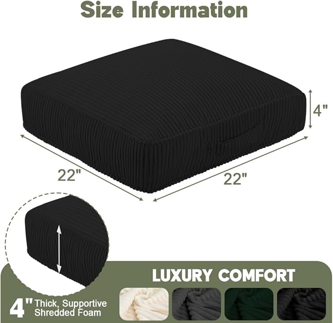 PRIMEPATIO Floor Pillow for Adults Set of 2, 4" Square Floor Cushions with Washable Cover, Large Corduroy Meditation Pillow, 22 inches Tatami Seat with Handle for Living Room or Yoga, Black