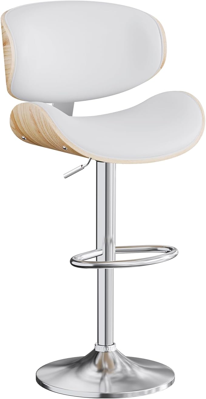 Aowos Bar Stools, Adjustable Swivel Leather Bar Stools for Kitchen Island, Mid Century Modern Counter Height Bar Chairs Barstools with Back & Footrest (Cream White 1PCS)