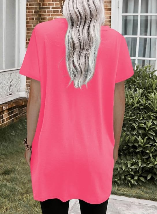 Poetsky Summer Womens Tunic Tops for Leggings with Pockets Short Sleeve Casual Long T Shirts S-3XL