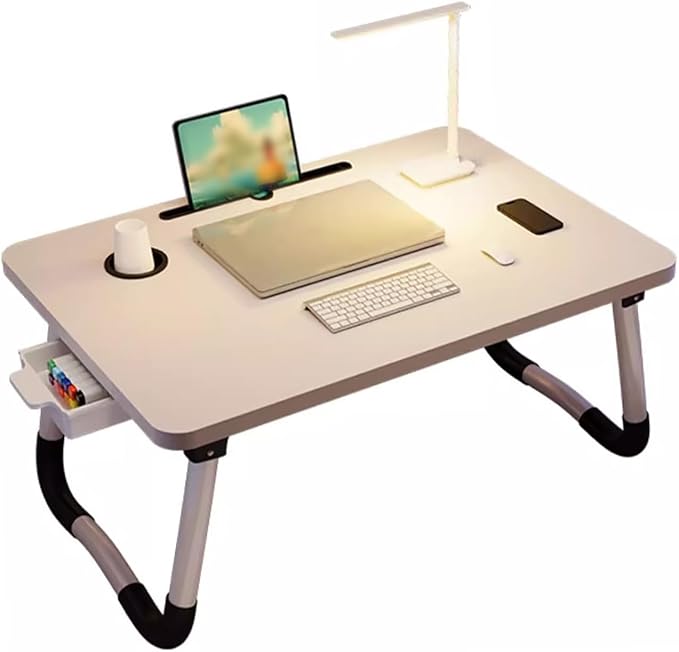 Respicefinem Laptop Bed Desk Foldable Portable Bed Table Tray Stand with Cup Holder Drawer for Reading Writing Eating On Sofa Floor White