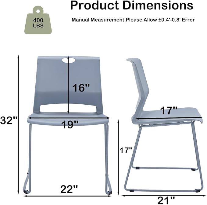 Grey Stacking Chairs Set of 4, Modern Stackable Office Chairs with Wide Plastic Seat & Metal Sled Base for Waiting Room Break Room Conference Church Banquet Lobby