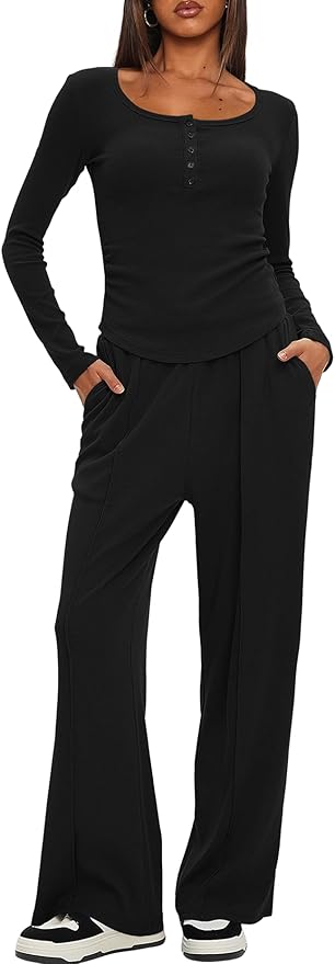 Darong Womens 2 Piece Matching Lounge Sets 2026 Long Sleeve Henley Shirts Wide Leg Pants Airport Travel Outfits