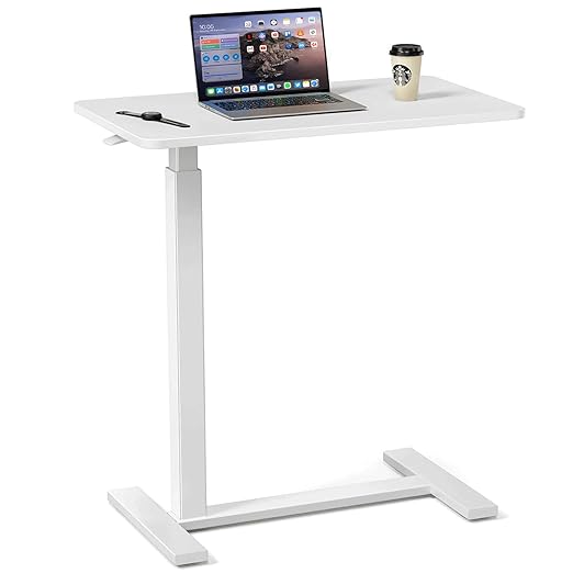Mobile Bed Laptop Desk with Lockable Wheels and Height Adjustment Function Versatile Overbed Table for Hospital Bedside and Efficient Home Office, White