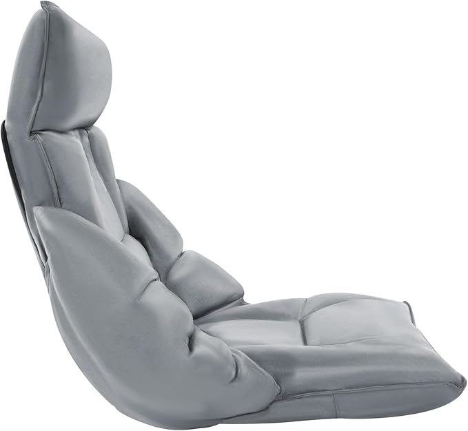 Foldable Floor Lazy Sofa, Adjustable Lazy Sofa Floor Chair with 5-Position Headrest, Grey Ergonomic Foldable Floor Seating with Armrests and Lumbar Support, for Living Room, Bedroom, Office