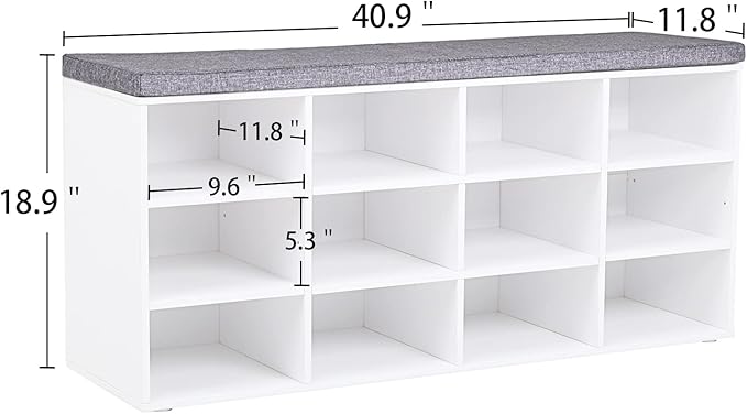DINZI LVJ Shoe Storage Bench with Cushion, Cubby Shoe Rack with 12 Cubbies, Adjustable Shelves, Multifunctional Shoe Organizer Bench for Entryway, Mudroom, Hallway, Closet and Garage, White
