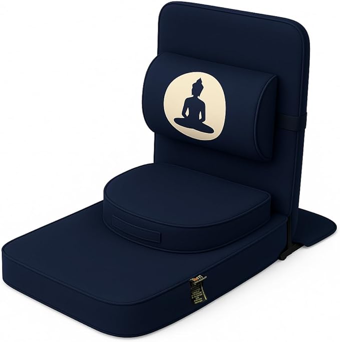 Friends Of Meditation Buddha Meditation Chair – Portable Folding Yoga Chair for Adults with Detachable Back Support & Zafu Cushion, Ergonomic Meditation Seat, Navy Blue