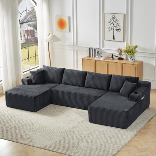134" Modular Cloud Sectional Sleeper Sofa Couch for Living Room, U Shaped 6 Seat Sofa with 2 Storage Pockets, 2 Pillows & 2 Cup Holders, No Assembly Required, Dark Gray