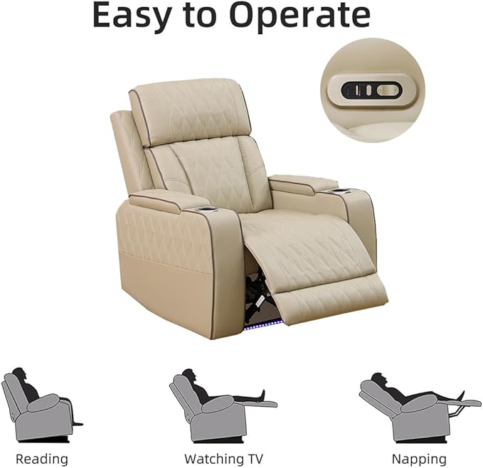 Toseslo Power Recliner Sofa and Loveseat Set, Beige Leather Reclining Sofa Sectional Couches with Drop-Down Table, Living Room Furniture, Reclining Sofa with Cup Holders/Storage Console for House