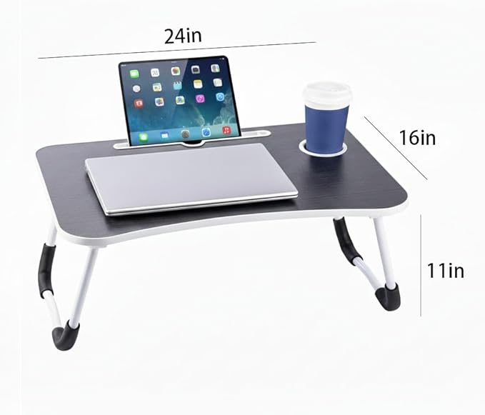 24x12in Laptop Bed Table, Foldable Lap Desk with Cup Holder & Tablet Slot, Portable Ergonomic Bed Tray for Work & Study (Black)