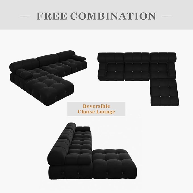 JACH L-Shaped Modular Sectional Couch, Modern Deep 3-Seat Couches with Chaise Ottoman, 104'' Minimalist Teddy Velvet Sectional Sofas, Convertible Sleeper Sofa for Living Room Apartment (Black)