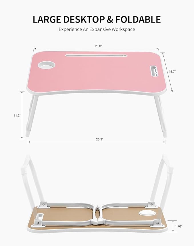 ZEAPTAC Laptop Bed Desk, Foldable Lap Desk, Portable Lap Table, Laptop Stand with Cup Holder & Tablet Slot & Lifting Handle for Working Writing Drawing & Eating - Pink