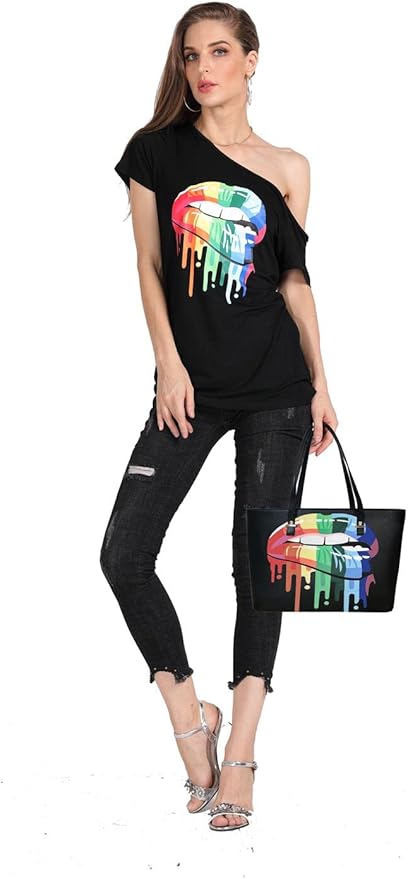 MAGICMK Women’s Short Lips Print Causal Off The Shoulder Plus Size T-Shirt Tops