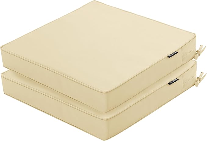 Outdoor Chair Cushions 16 x 17 Inch Waterproof Patio Chair Cushions with Tie 5 Year Color Fastness Thick Outdoor Seat Cushion for Garden Lawn Patio Furniture Beige Set of 2