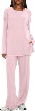 Darong Women's 2 Piece Lounge Set Casual Long Sleeve Crew Neck Tops Wide Leg Pants Travel Airport Outfit Matching Sets