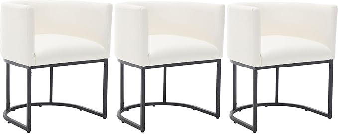 VESCASA Faux Leather Upholstered Dining Chairs with Barrel Back, Modern Padded Restaurant Chairs with Black Metal Frame for Kitchen, Dining Room, Set of 3, White