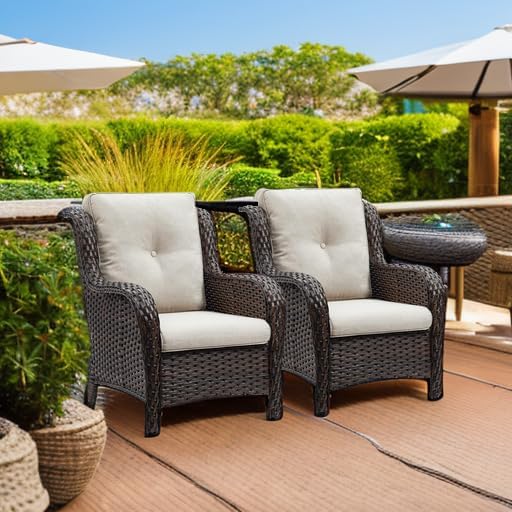 Rilyson Outdoor Wicker Patio Chairs Set of 2: Rattan Dining Chairs Porch Chairs Outdoor Club Chairs with high Back and Deep Seating (Brown/Beige)