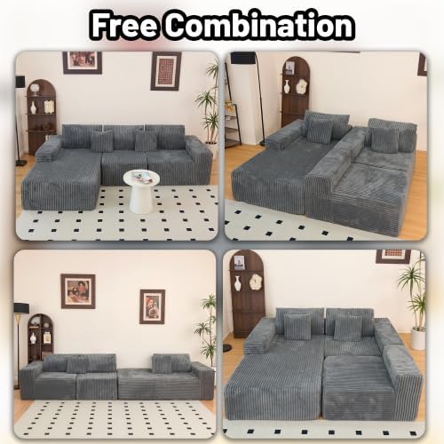 112.99" Boneless Cloud Couch, L Shaped Sectional Sofa with Chaise, No Assembly Required, Sink-in Corduroy Fabric & Memory Foam, Plush Modular Sofa for Apartment, Lounge, Dorm (Grey)