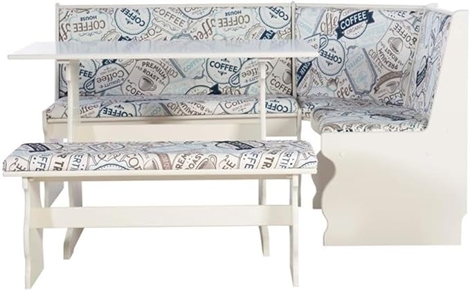 Riverbay Furniture Transitional Wood & Fabric Upholstered Corner Nook Dining Set with Table & Bench & Corner Unit, Some Assembly Required, Seats Up to 5 People, in White Finish