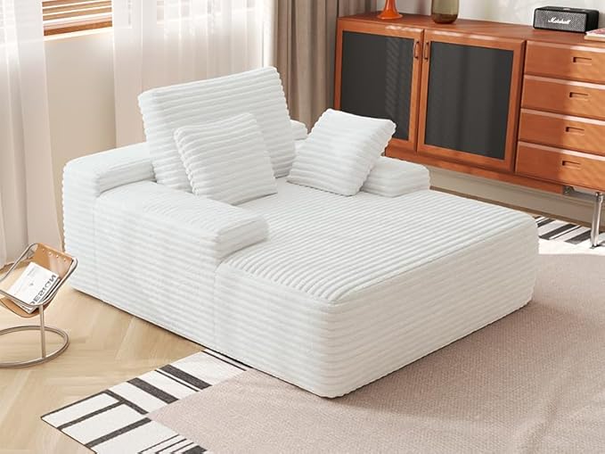 WJShome Oversized Chaise Lounge Chair Indoor, Plush Corduroy Boneless Sofa Bed, Cloud Reading Chair with Throw Pillow for Living Room (White)