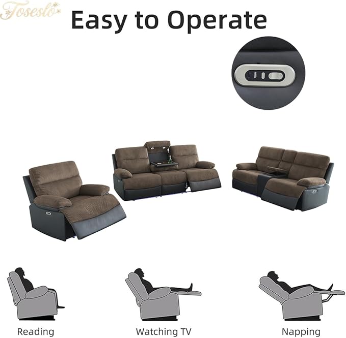 Toseslo Fabric Recliner Sofa, Living Room Furniture Sets, Reclining 3 Seats Sofa with Drop-Down Table, Power Recliner Couches with Cup Holders/Storage Console for House, Brown Grey