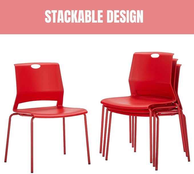 Stackable Chairs Set of 4, Office Waiting Room Chair Plastic Seat, Red Stacking Chairs with Sturdy Metal Legs, Guest Chair for Conference Rooms, Churches, Living Rooms, Classrooms(Red).