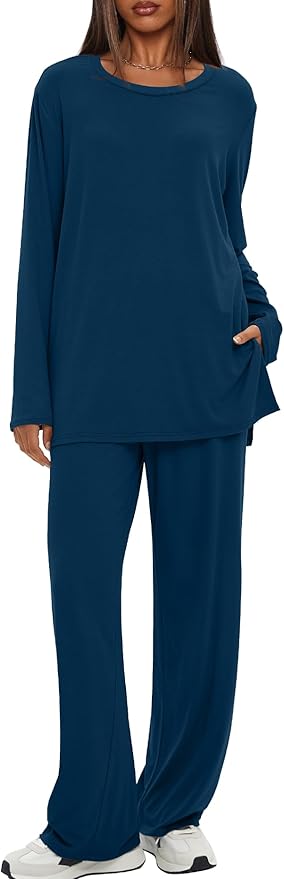 Darong Women's 2 Piece Lounge Set Casual Long Sleeve Crew Neck Tops Wide Leg Pants Travel Airport Outfit Matching Sets