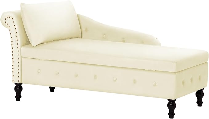 ACMEASE Upholstered Chaise Lounge with Left Armrest & Lumbar Pillow,Button Tufted Lounge Sofa with Storage,Lounge Chair Indoor,Modern Velvet Lounge Chair for Bedroom, Living Room and Office,Beige